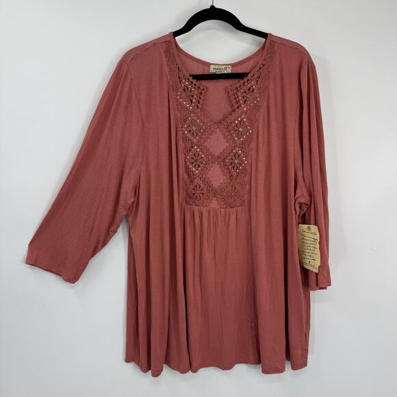 Live Let Live Plus 3X Tunic Rose Pink Lace Embellish V Neck Soft Viscose Art NWT - Picture 12 of 12